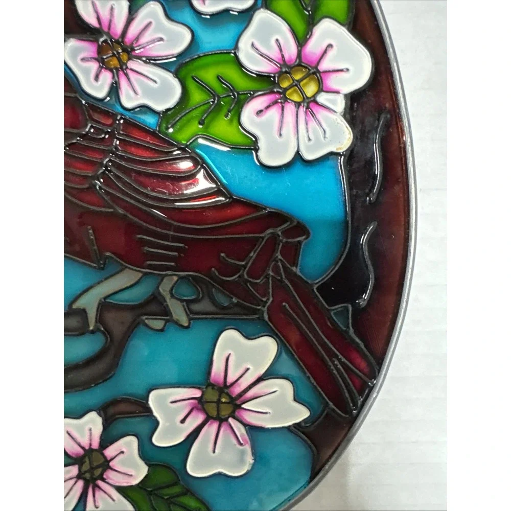 Red Cardinal Bird & White Flowers Small Oval Stained Glass Suncatcher 7.5x5.5
